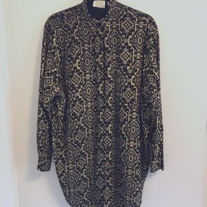 Vintage 80's Express gold/black rayon tunic length button down shirt